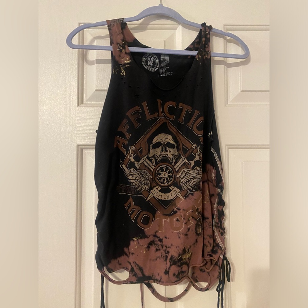 Affliction distressed tank with cut back detail
